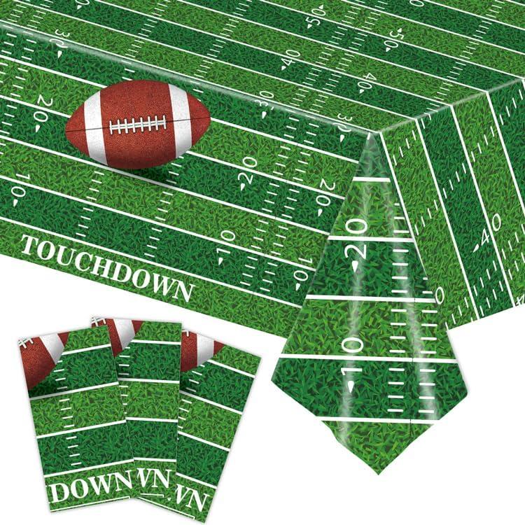 3Pcs Football Tablecloth Disposable, Football Party Decorations, Plastic Touchdown Table Cover, Green Football Field Table Cloth for Game Day Party Tailgate Decorations, 54 x 108 Inch