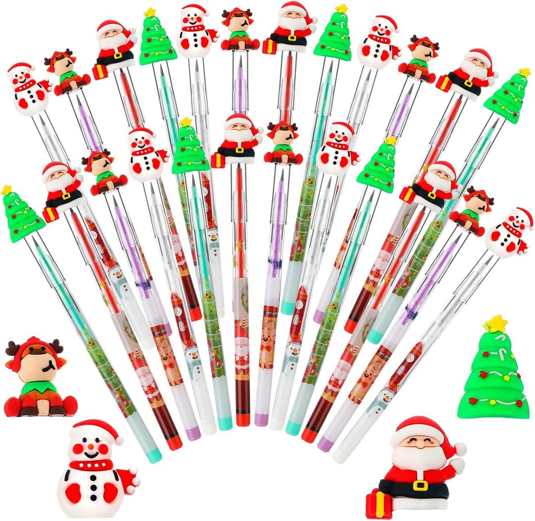 BBTO 24 Pcs Christmas Pencils Bulk Multi Point Stackable Push Pencil with Topper, Santa Claus Snowman Elk Xmas Tree Pens for Rewards Gift, Party Supplies, Christmas Stocking Stuffer
