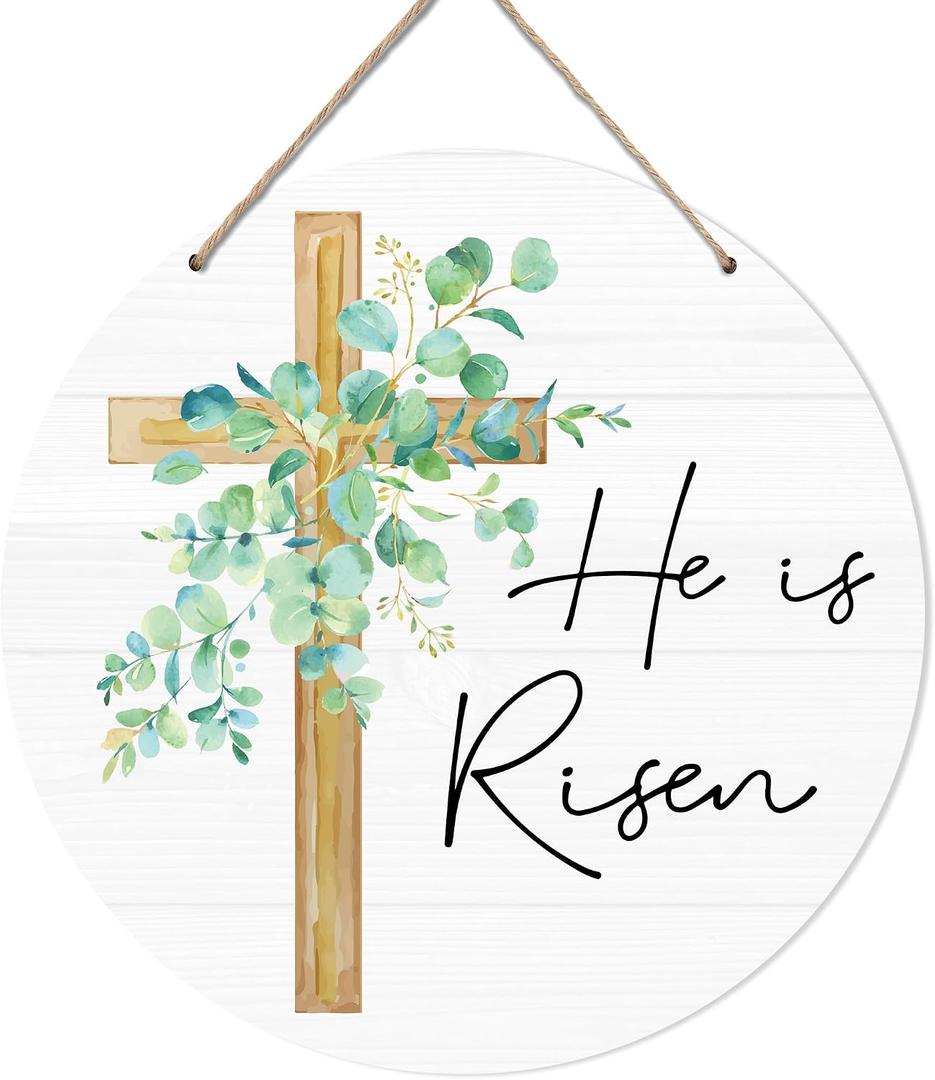 He Is Risen Easter Decor, Bible Verse Easter Wreaths For Front Door Porch, Christian Religious Resurrection Door Hanger Sign, Welcome Spring Rustic Wooden Hanging Decorations, 02