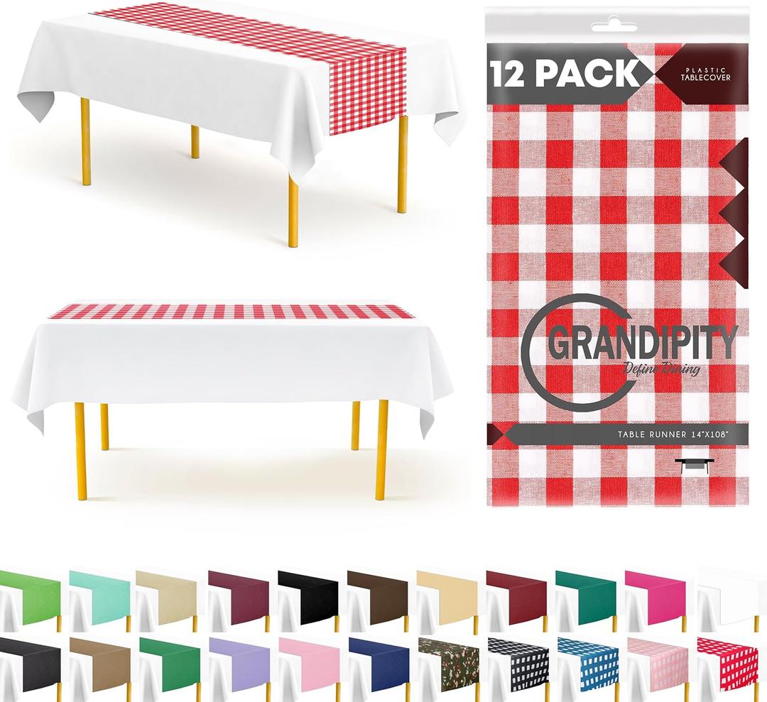 Red Gingham 12 Pack Checkered Premium Disposable Plastic Table Runner 14 x 108 Inch. Table Runner for Dinner Parties & Events by Grandipity