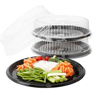 Heavy Duty, Recyclable 16 in. Serving Tray and Lid 3pk. Large, Black Plastic Party Platters with Clear Lids. Elegant Round Banquet or Catering Trays for Serving Appetizers, Sandwich and Veggie Plates