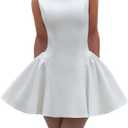 LuFeng Women's Sexy Backless Sleeveless Scoop Back Puffy Ruched A Line Tank Mini Dress Cocktail Formal Dress (Medium, White)