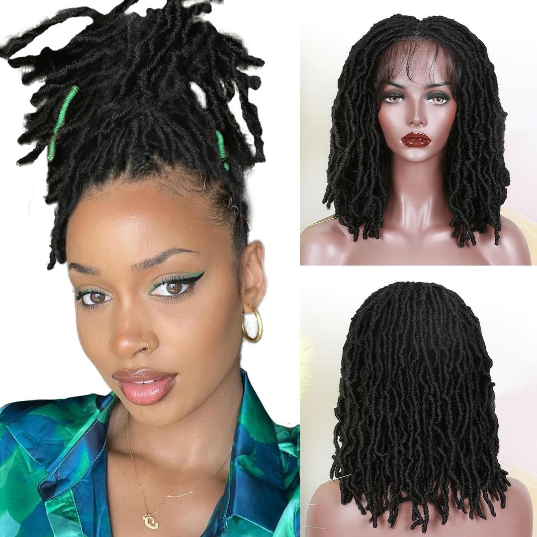 FAVE Short Braided Wigs for Black Women Full Lace Wig Faux Locs Wig 14IN Synthetic Loc Wigs for Women Twisted Wig
