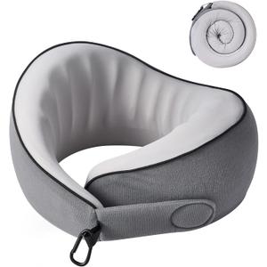 KPNEOL Travel Pillow, 100% Pure Memory Foam Travel Neck Pillow Airplane Neck Support Ergonomic Design for Traveling Suitable for Airplanes,Offices and Cars-Cooling Silk Grey Cover