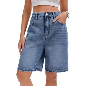 IEEILULU Women Jeans Shorts High Waisted Wide Leg Denim Shorts Y2K Baggy Shorts with Pockets Summer Streetwear (Blue, L)