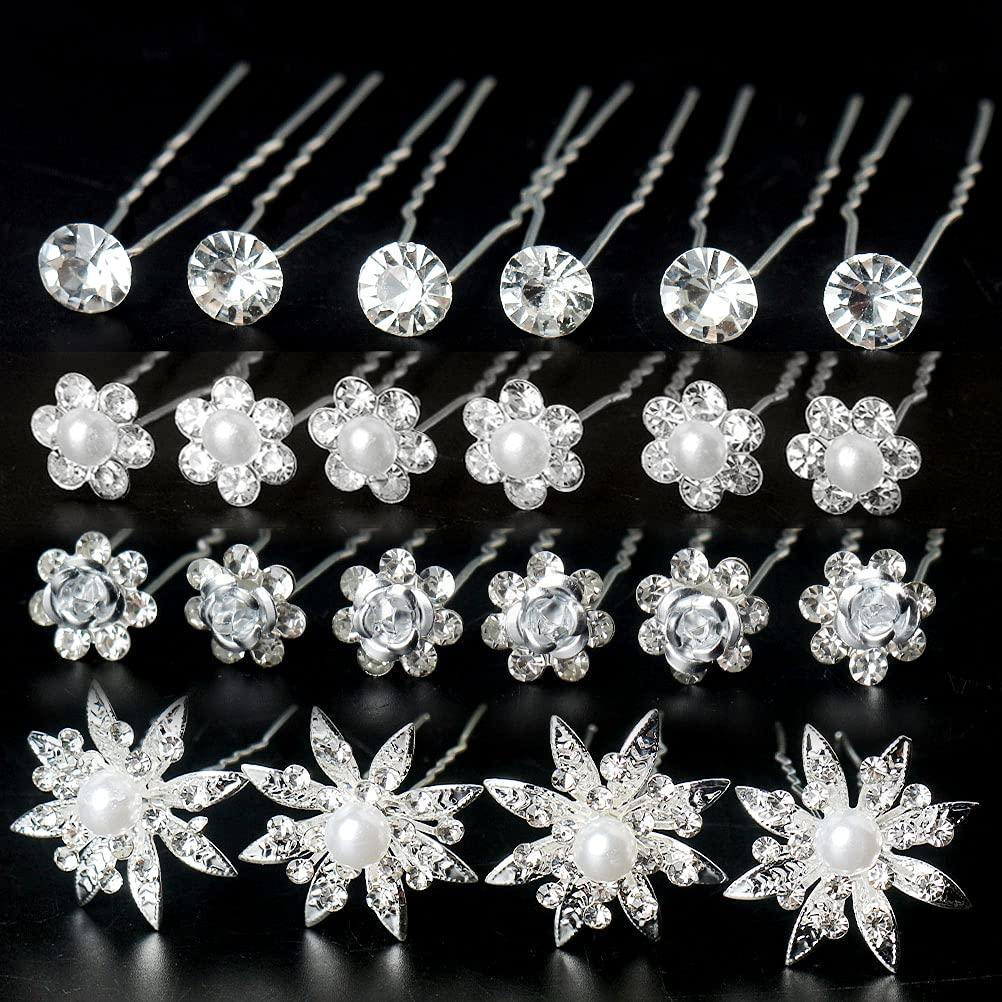 40 Pieces Bridal Hair Pins, Clips and Barrettes with Crystal Pearl Flowers, Women's Proms Hair Jewelry Accessories, Gift Stocking Stuffers for Girls
