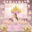 Happy Birthday Decorations For Women Men,Birthday Backdrop,Banner Balloons,Table Cloth,Paper pom poms Party Supplies for Girls Boys (Princess)