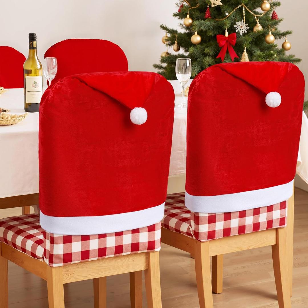 Christmas Chair Covers Set of 4, Santa Claus Hat Slipcover Chair Back Covers for Christmas Kitchen Decorations Indoor Xmas Holiday Festival Party Dining Room Bar Counter Table Decor (Red White)
