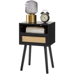 IBUYKE Rattan Nightstand, Boho Side Table with Drawer Open Shelf, Wood Accent Bedside Table, End Table with Legs for Bedroom, Living Room and Small Spaces, Black UWNS009B