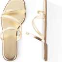 LACUONE Strappy Flat Sandals For Women Slip On Square Open Toe Slides Sandals (9, Gold)