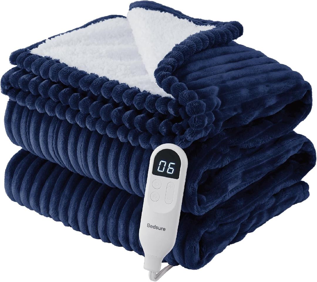 Bedsure GentleSoft Electric Blanket Full Size - Soft Ribbed Flannel Heated Blanket with 6 Heat Settings, Heating with 10 Time Settings, 8 hrs Timer Auto Shut Off, Gifts for Grandma (72"x84", Navy)