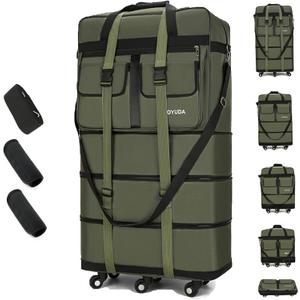 130L Expandable Luggage, 40 Inch Suitcase with Wheels, Collapsible Luggage with Wheels, Rolling Duffle Bag with wheels, Foldable Suitcasewith2Handle Wrap 2Fixing Straps 1Shoulder Strap (Green)