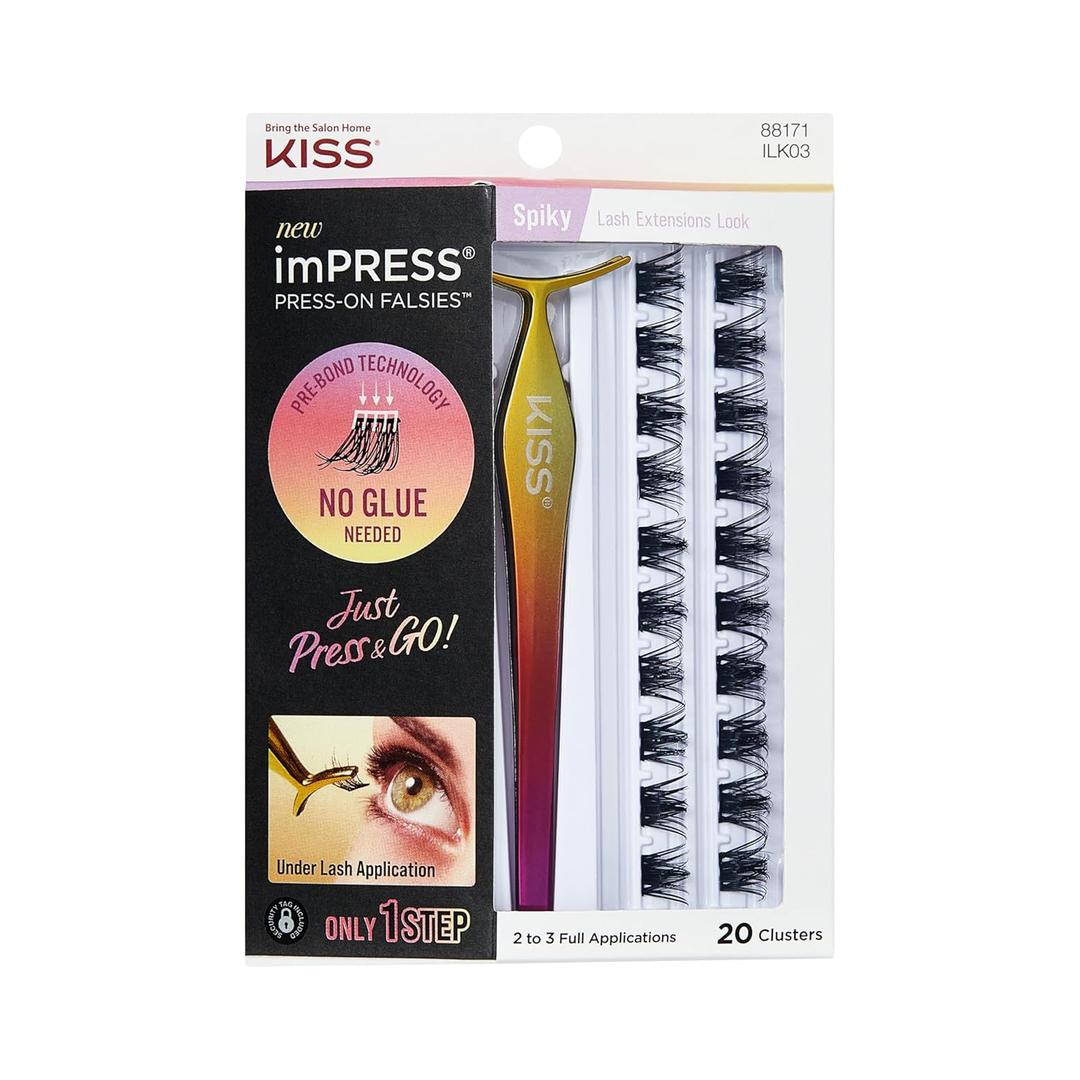KISS imPRESS Falsies Press On Self Adhesive Eyelashes, 12mm-14mm Glam Volume Press On Lashes, Black, No Glue Needed, Invisible Band, 20 Lash Clusters & Non-Stick Applicator - Spiky