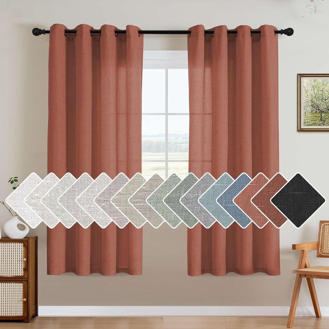 H.VERSAILTEX Living Room Linen Curtains Semi Sheer Curtains Nickel Grommet Curtain Energy Saving Light Filtering Window Treatments Panels for Bedroom, Rust, 2 Panels, 52 x 72 - Inch
