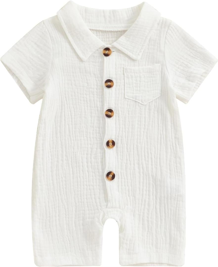 Honganda Summer Baby Boy Cotton Linen Jumpsuit Short Sleeve Button Down Playsuit Romper One Piece Outfit 0-24M (12-18 Months, White)