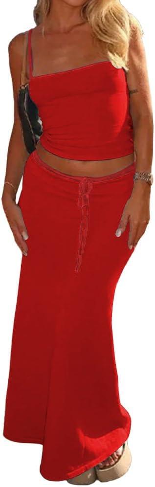 Ulovmi Women's 2 Piece Skirt Set Strap Crop Cami Top High Waist Maxi Skirt (Red, XL)