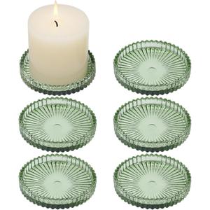 Glass Pillar Candle Holder, 4" Green Candle Plates Set of 6, Glass Candle Holders for Wedding, Party, Holiday, Home Decor, Table Centerpiece
