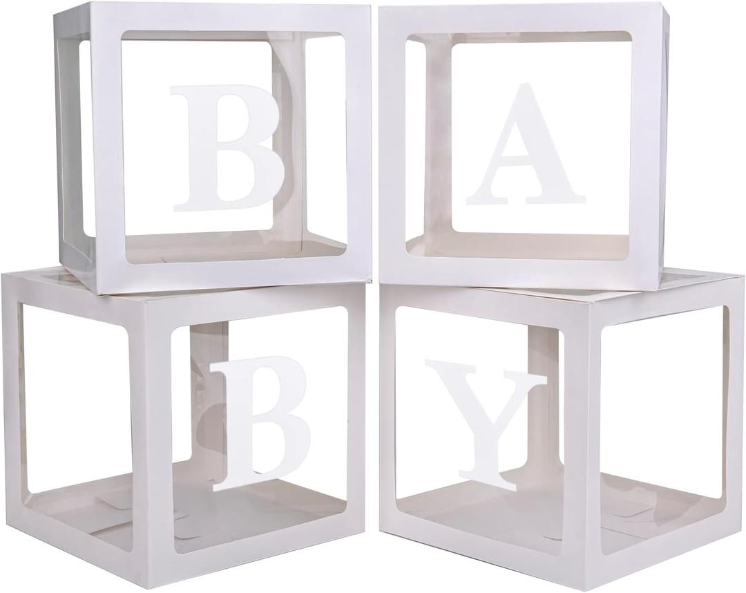PABUES Baby Boxes with 4 PCS Letters for Baby Shower White Clear Balloon Box Blocks Gender Reveal Decorations and Birthday Party (White)