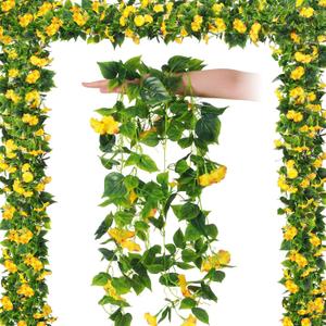 Hotop 6 Pcs 7.55 Ft Artificial Morning Silk Glory Vines for Outdoor Fake Hanging Flowers Plants Faux Silk Morning Glory Flower Garland Long Vines for Wall Fence Indoor Wedding Banquet Decor(Yellow)
