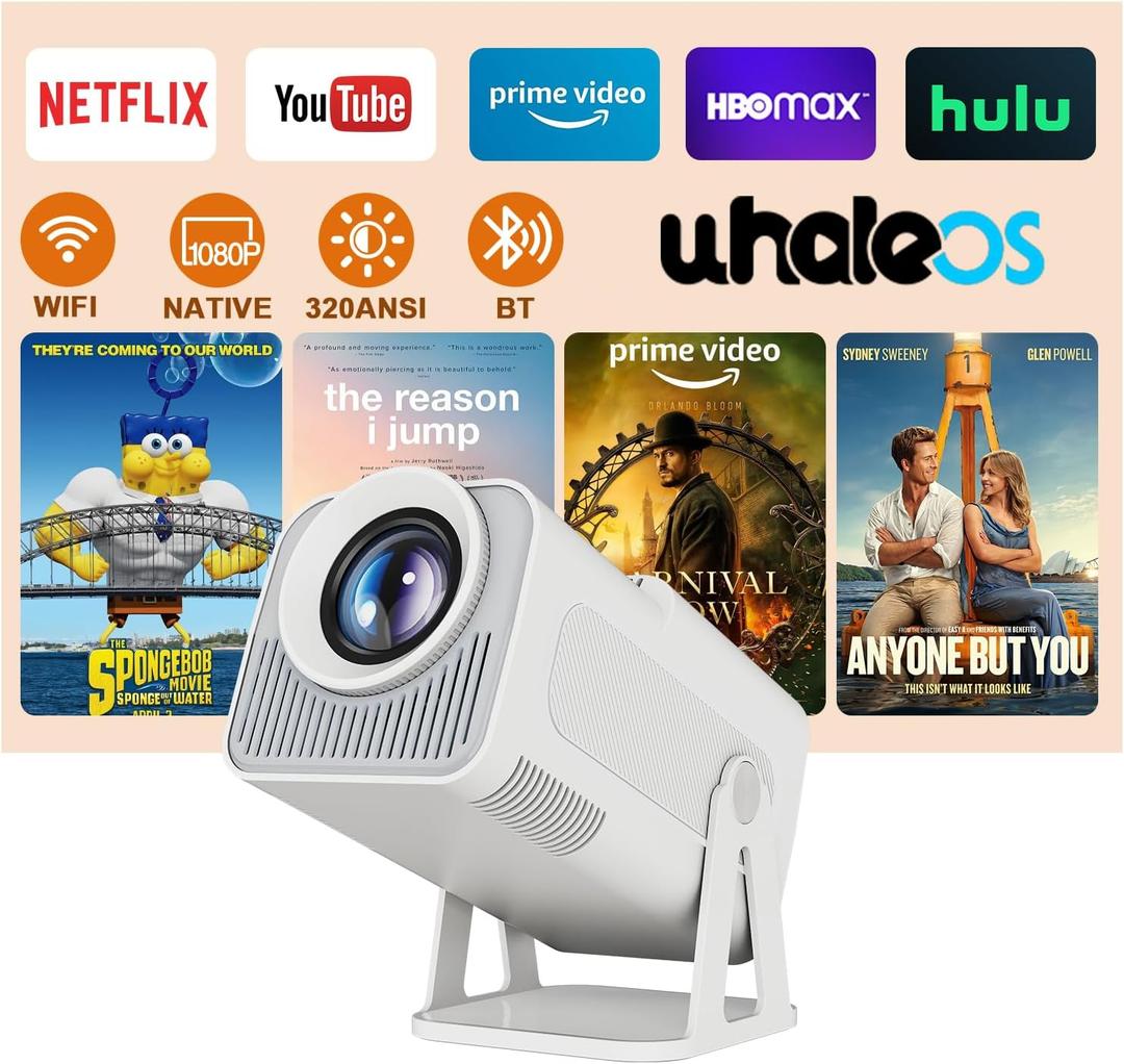 [Netflix Licensed] Smart Mini Projector 320ANSI Native 1080P 4K Support with Official Apps, Portable Projector with WiFi and BT for Home Theater/Outdoor/Bedroom HY320 NTV (White)
