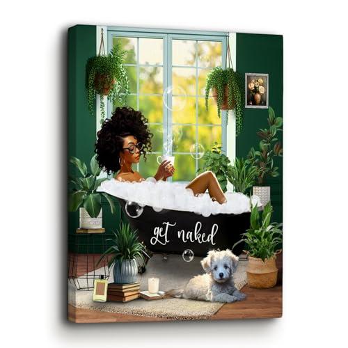 Bathroom Decor African American Wall Art Black Girl In Bathtub Canvas Wall Decor Picture Modern Green Botanical Black Woman Framed Artwork For Bathroom Bedroom 19.5x15.5