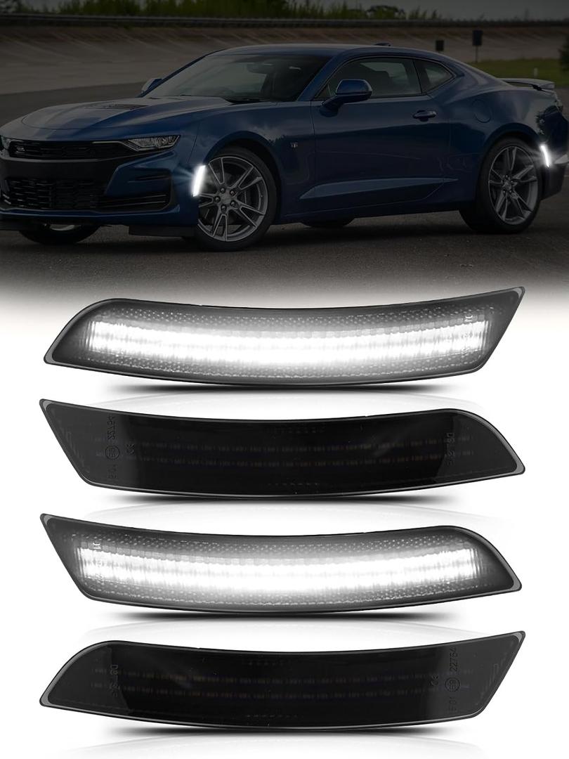 Upgraded LED Side Marker Light Front & Rear Compatible with Chevy Camaro 2016-2023 Fender Sidemarkers, Turn Signal Lamp, Smoked Lens White LED 4PCS
