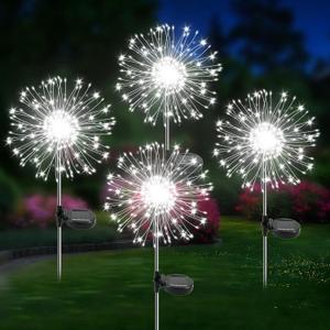 Solar Garden Lights Outdoor, 4 Pack 120 LED Twinkling Firework Lights Decorative with 2 Modes, Outdoor Waterproof Solar Starburst Light for Yard Pathway Planter Patio Decor, White