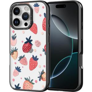 for iPhone Case - [6.6 ft Military-Grade Drop Protection] [Anti-Peel Technology] Clear Black TPU Bumper Case with Cute Design (Strawberry, iPhone 16 Pro)
