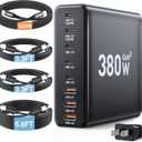 380W USB C Charger Block,with 4 USB Cables 8-Port USB C Charging Station Dual 100W Laptop Charger Fast Charger Type C Charging Block for MacBook Pro, Dell XPS, iPhone, iPad, Tablet (Bright Black)