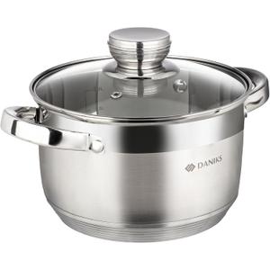 Daniks Standard 3 Quart Stainless Steel Stock Pot with Glass Lid, Try-Ply Bottom for Even Heating, Induction Compatible, Dishwasher Safe, Built-In Measuring Scale, Silver