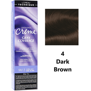 L'Oréal Technique Excellence Crème Permanent Hair Color - Long-Lasting Hair Dye, Rich Formula With No-Drip Application, Superb Gray Coverage, Color: 4 Dark Brown, 1.74 Ounce