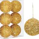 6 Pcs 4 Inch Christmas Tree Tinsel Ornaments for Tree Glitter Sequin Hanging Ornaments Christmas Tinsel Balls Decorations Shatterproof for Xmas Party Holiday Decor(Gold)