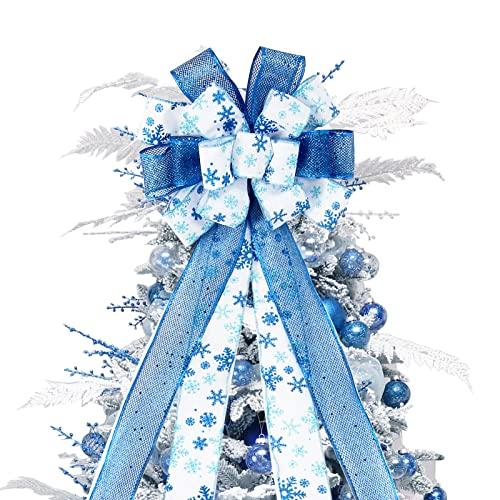 Christmas Tree Topper Bow, 44X12 Inch Artificial Xmas Tree Flower Topper Decor, for Family, Wedding, Birthday Party, Indoor Outdoor Thanksgiving Christmas Decoration - Blue/White/Snowflake.