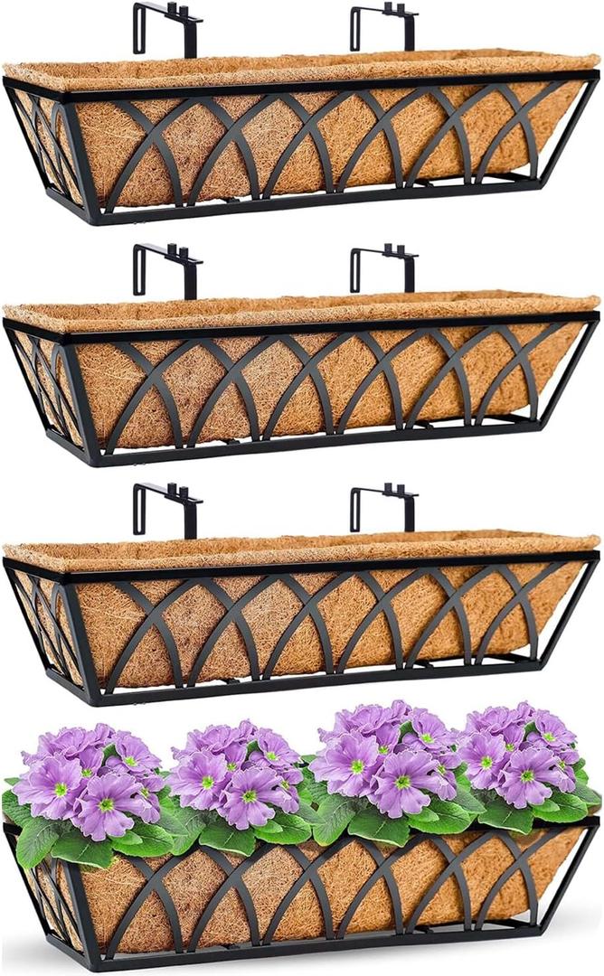 Y&M 4pcs 24 Inch Planter, Metal Window Boxes with Coco Liner, Indoor Outdoor Hanging Flower Planter for Garden, Lawn, Balcony, Porch, Fence, Patio Rail