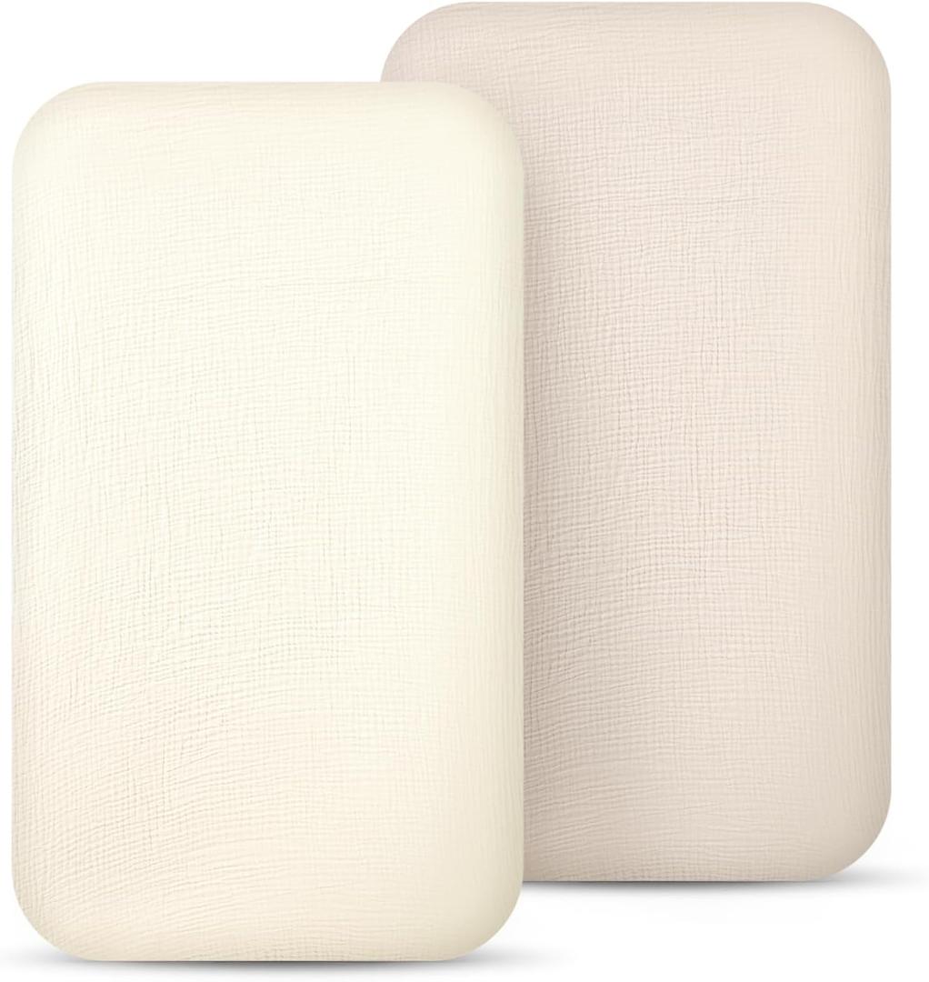 lulumoon Muslin Bassinet Sheets for Baby: Soft Bedside Sleeper Bassinet Fitted Sheets for Boys and Girls (White & Cream)