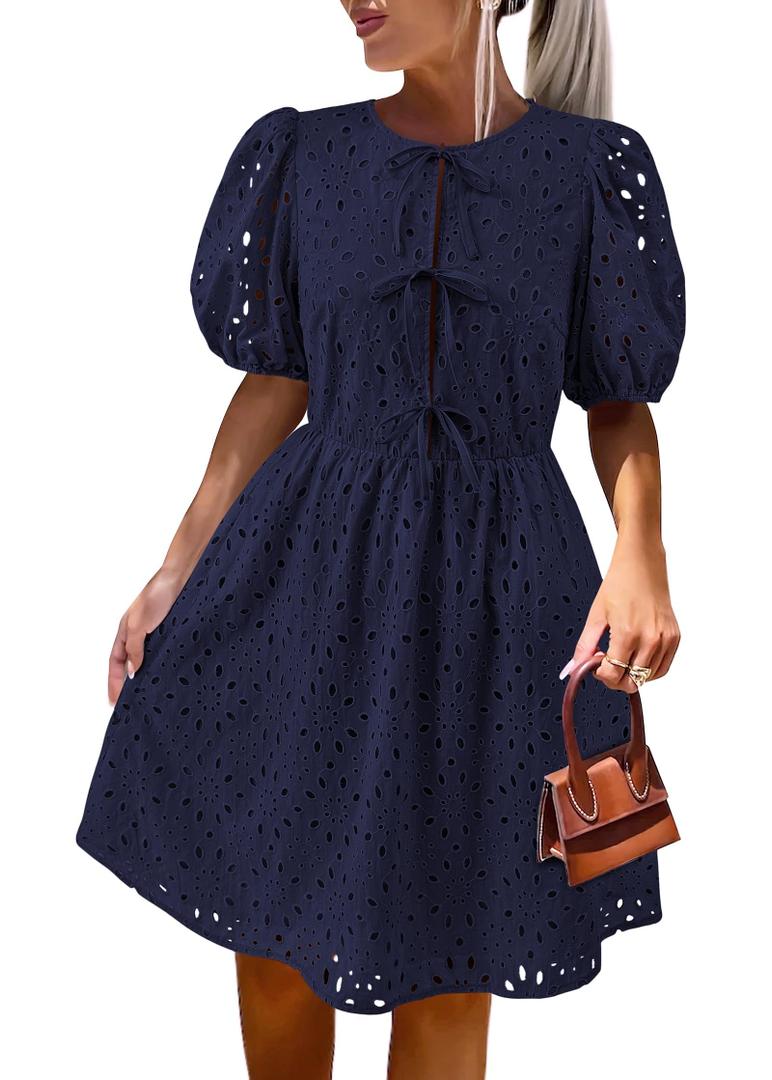 KIRUNDO Eyelet Summer Dresses for Women 2025 Short Sleeve Tie Front Babydoll A Line Wedding Guest Beach Vacation Sundress(Navy, Large) (Blue, XL)