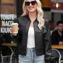 Women Leather Jacket Faux Cropped Bomber Coat Cute Short for Casual Vacation Travel College Going Out Classy Outfit (Large, Charcoal Black)