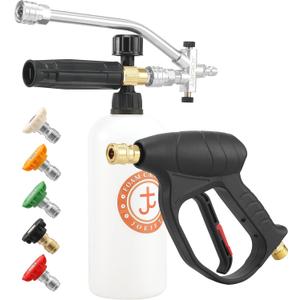 JOEJET Short Pressure Washer Gun with Foam Cannon Dual Connector Accessory, Car Wash Foam Gun with 1/4 Inch Quick Connector, 5 Pressure Washer Nozzle Tips, 1 Liter