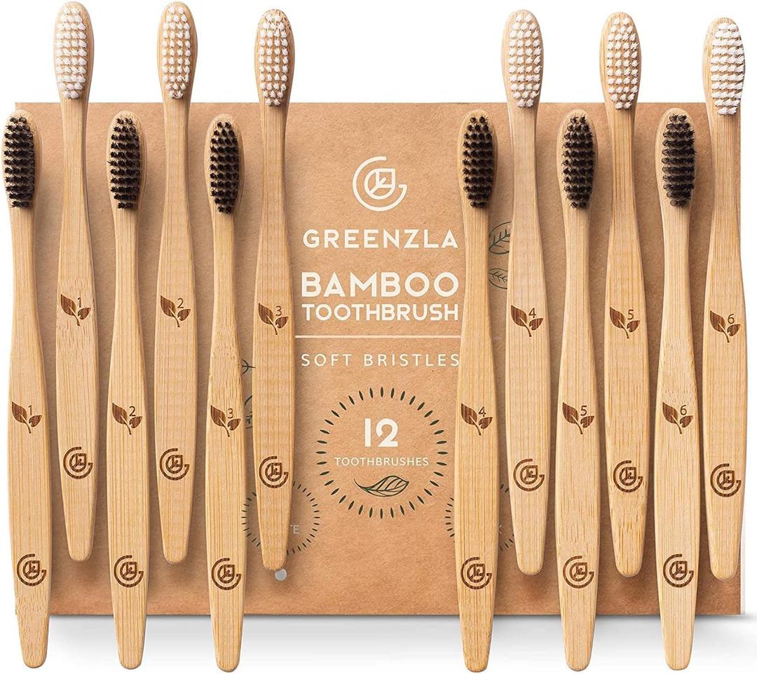 Greenzla Bamboo Toothbrushes for Adults  12 Pack Wooden Toothbrush Set with Charcoal-Infused Soft Bristles, Natural Oral Care for Daily Use