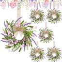 6 PCS 9'' Mini Pink Forsythia Lavender Wreath for Front Door Small Spring Kitchen Cabinet Wreaths with Burlap Ribbon Hanging Farmhouse Wreaths Artificial Greenery Wreath for Porch Wall Window Decor
