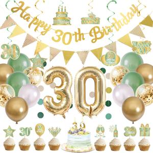 Holkcog 30th Birthday Decorations for Women, Gold Happy 30th Birthday Banner, Cake Topper Number Gold 30 Foil Balloons Candle, Sage Green White Balloons for 30 years old Party Decor(38pcs)