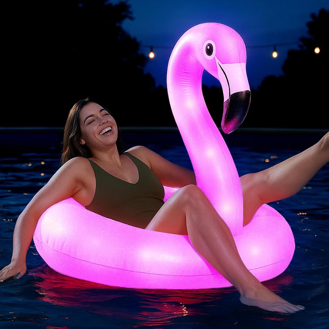 Flamingo Pool Float with LED Lights - Tropical Pool Floaties - Inflatable Pool Party Decorations and Pool Accessories - Battery-Powered Swimming Float