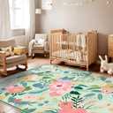 8x10 Machine Washable Area Rugs, Floral Area Rugs Faux Wool Boho with Non Slip Backing, Low Pile Flower Rug Carpet for Girls Bedroom Nursery Living Room Dining Room, Green Rug