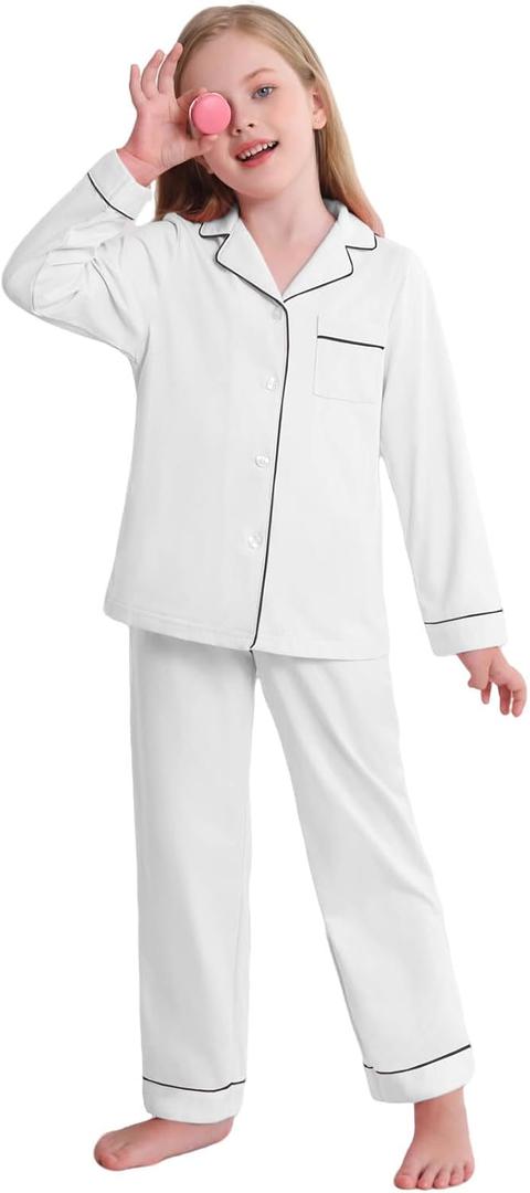 Veseacky Unisex Girls Boys Pajamas Long Sleeve Sleepwear Button-Down 2 Pcs Pjs Set for 5-14 Years