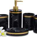 5-Piece Bathroom Counter Top Accessory Set - Dispenser for Liquid Soap or Lotion, Soap Dish, 2 Tumblers and Toothbrush Holder, Marble Pattern Resin (Classic Black)
