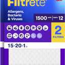 Filtrete 15x20x1 Air Filter, MERV 12, MPR 1500, Allergens, Bacteria & Viruses, 3-Month AC and Furnace Filters, Cleaner Air, Reliable Airflow, 2 HVAC Filters (Actual Size 14.81 x 19.81 x 0.78 in)