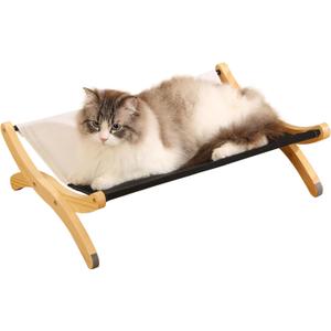 JAWNLITY Large Cat Bed for Indoor Cats, Solid Wood Raised Pet Hammock Bed with Washable Canvas Cover, Sturdy Cat Sleeping Perch Holding 40 lb