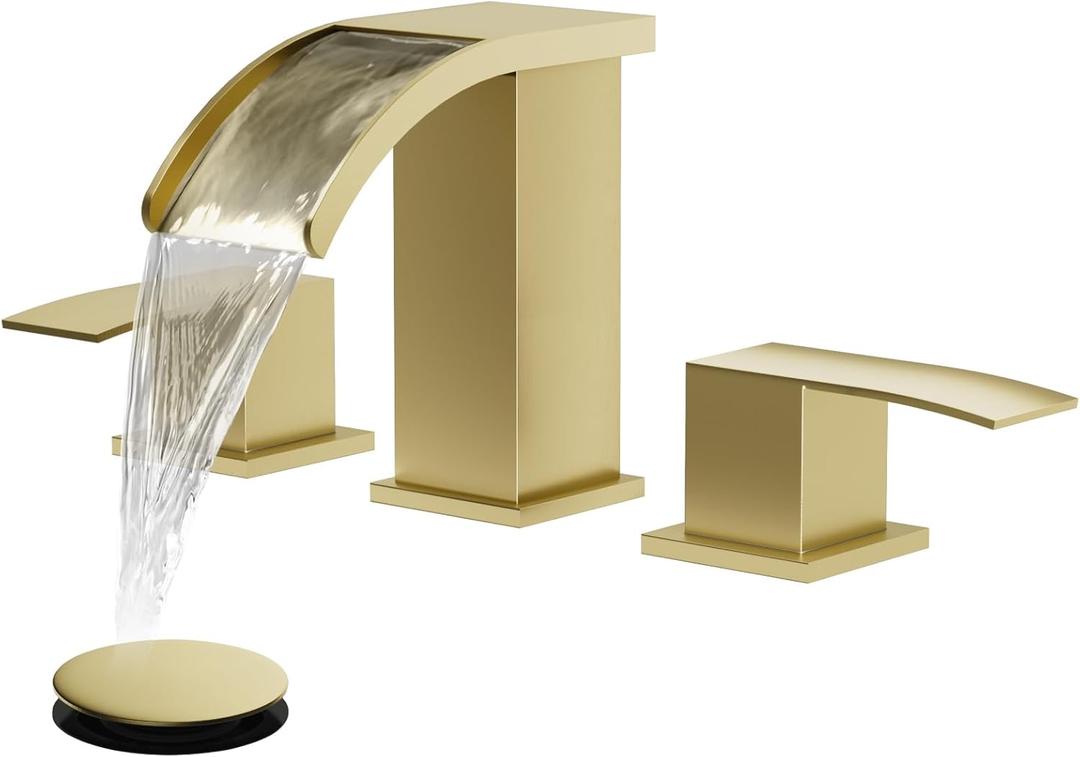 gotonovo Waterfall 8 inch Widespread Bathroom Faucet Set Bathroom Sink Faucet 3 Hole 2 Handle Vanity Lavatory Deck Mount with Pop Up Drain and Water Supply Lines Square Body Brushed Gold