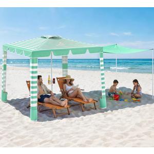 Rhino Valley Beach Cabana, 120 Sq. Ft Beach Canopy UPF50+ Protection, Easy Setup & Adjustable Height Beach Tent Sun Shelter with Cup Holder, Portable for 4-8 People, Light Green & White Stripes