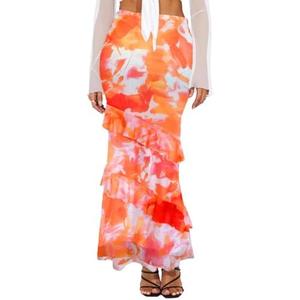 SEBOWEL Women Floral Mesh Long Skirt Tiered Sheer See Through Skirt Bohemian Boho High Waist Bodycon Mesh Ruffle Maxi Skirt L